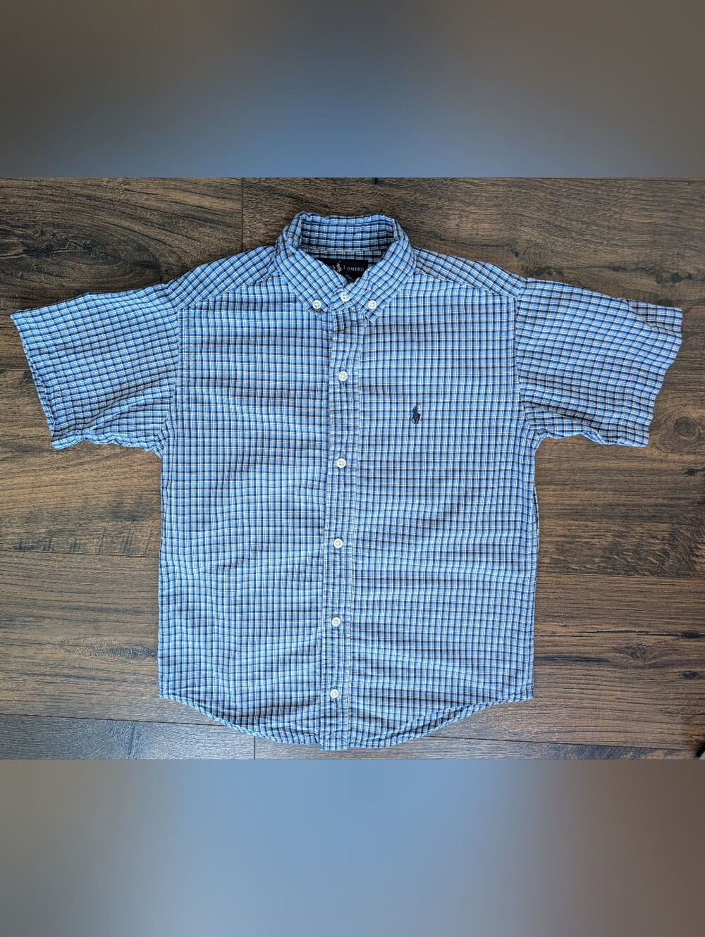 Ralph Lauren Boys Blue Plaid Short Sleeve Cotton Button Down Size 7